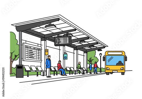 People waiting at a bus stop with a yellow bus arriving at the station