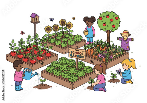 Children happily tending to a vibrant school garden with various vegetables and sunflowers