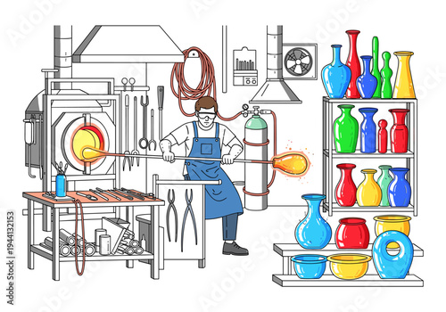 Glassblower working with molten glass in a studio, surrounded by tools and finished vases