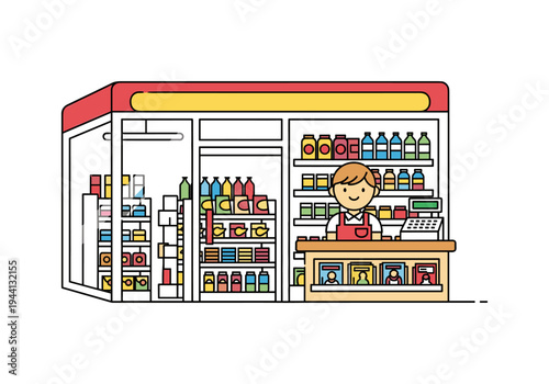 Friendly shopkeeper standing behind the counter in a small convenience store with shelves stocked with goods