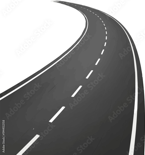 Create a realistic Curved asphalt road vector art with white background..