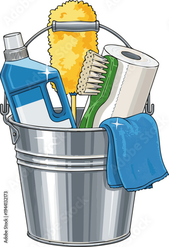 Create a realistic Cleaning Supplies in Bucket vector art with white background.