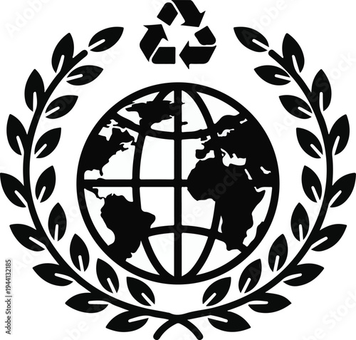Black globe with laurel wreath and recycling symbol black white background earth