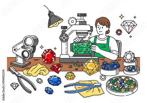 Gemologist meticulously cuts and polishes precious stones using advanced equipment in a workshop