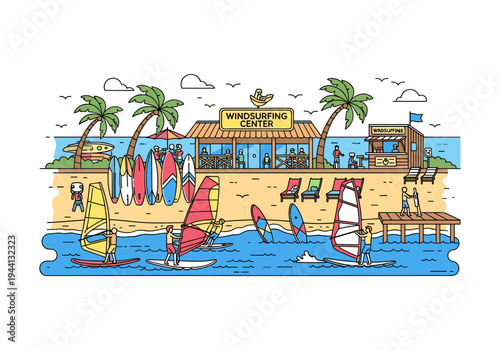 Cartoon windsurfing center on a sandy beach with palm trees and people enjoying water sports