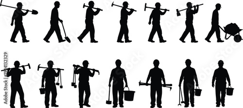 Construction worker silhouette set with shovel pickaxe wheelbarrow and bucket poses for manual labor cad drawing flat vector illustration