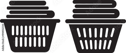 Laundry basket with folded clothes silhouette icons set