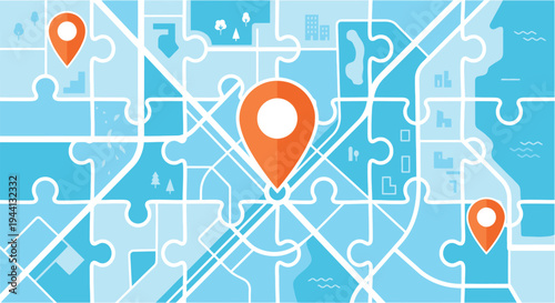Puzzle map with location pins vector illustration, flat design