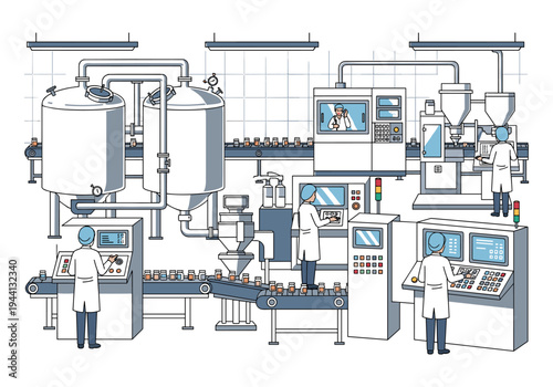 Modern pharmaceutical manufacturing plant with automated production lines and scientists overseeing operations