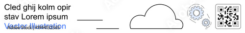 Data security, cloud storage, QR integration, technology services, digital transformation, automation. QR code and gear with a cloud icon. Data security and cloud storage concept