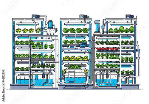 Vertical hydroponic farm with multiple levels of leafy greens and vegetables growing under lights