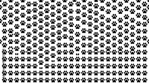 Repetitive pattern of black paw prints on a white background, suitable for pet-themed designs