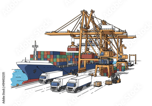 Container ship being loaded and unloaded by cranes at a busy port with trucks and forklifts