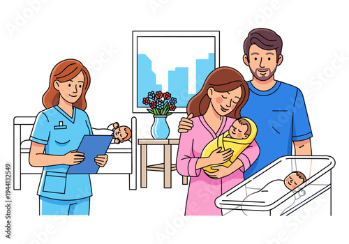 Happy family with newborn baby and nurse in hospital room, celebrating new life