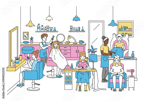 Diverse group of people receiving beauty treatments at a modern salon