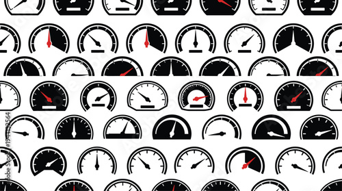 speedometer gauge icons set, dashboard meter indicators collection, tachometer dial instruments for car dashboard ui design elements, flat vector illustration