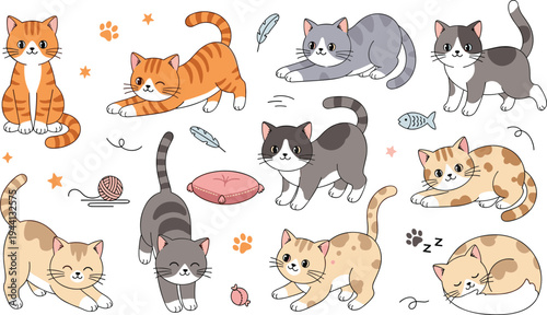 Cute Kitten Cat Cartoon Vector Collection Featuring Adorable Cats Playing, Walking, Sleeping and Sitting with Yarn Balls, Fish Toys and Pet Elements.