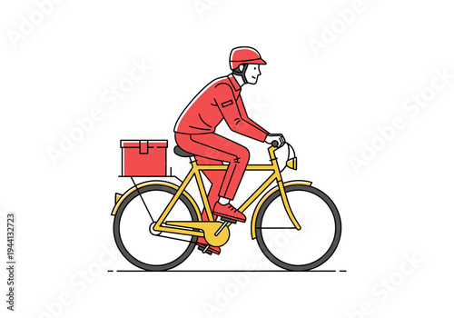 Delivery person in red uniform riding a yellow bicycle with a red delivery box on the back