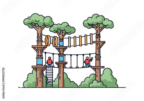 Adventure park with rope bridges and obstacles set amongst trees for outdoor recreation