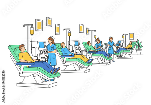 Medical staff tending to patients undergoing dialysis treatment in a modern clinic setting