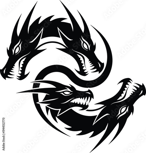 Three headed dragon tribal emblem, fierce fantasy creature symbol, mythological beast tattoo style design, powerful mythical logo, flat vector illustration