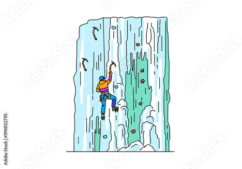 Ice climber ascending a frozen waterfall with ice axes and crampons