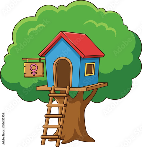 Treehouse, kids, playhouse, tree, house, ladder, childhood, outdoor, adventure, wooden, garden, nature, cute, cartoon, playground, design, colorful, isolated, flat, vector