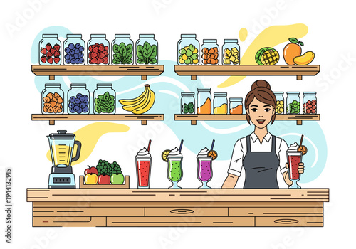 Smiling barista serving colorful smoothies from fresh fruits and vegetables
