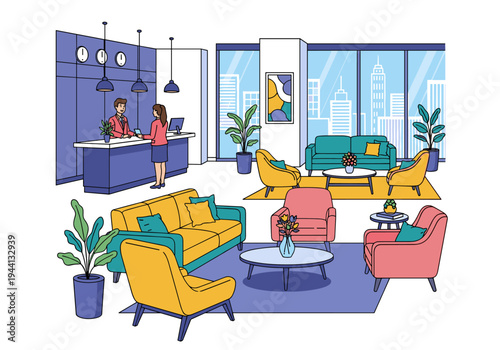 Modern hotel lobby with reception desk and comfortable seating area overlooking city