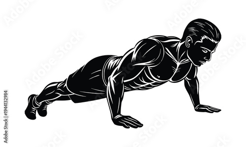 Vector illustration of a muscular man doing push-ups in black and white