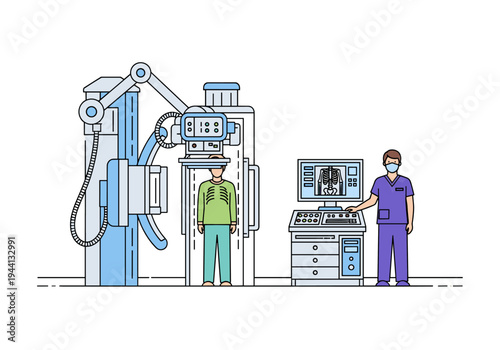 Medical professional operates advanced X-ray machine for patient scan with skeletal image displayed on screen