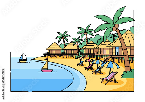 Tropical beach resort with overwater bungalows and sailboats on a sunny day