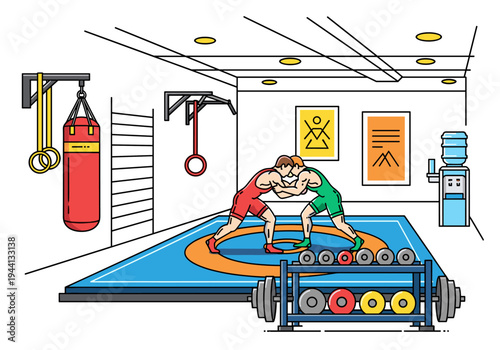 Wrestling match in a gym with punching bag, rings, dumbbells, and water cooler