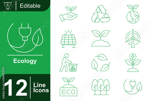 Ecology icon set. Environmental protection, renewable energy, recycling process, sustainable development, green energy system, eco friendly environment and more. Line vector icons collection.