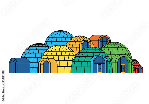Colorful igloo village illustration with diverse dome shapes and vibrant colors