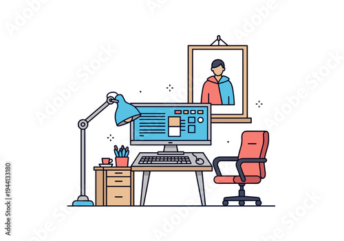 Modern flat design illustration of a home office workspace with computer and desk