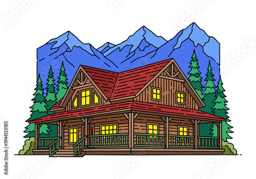 Cozy wooden cabin nestled among pine trees with majestic mountains in the background