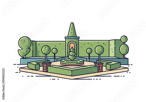 Stylized illustration of a formal garden with manicured hedges and a central fountain