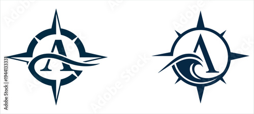 Letter A Compass Rose Logo with Ocean Wave for Marine Adventure and Navigation Vector Illustration.