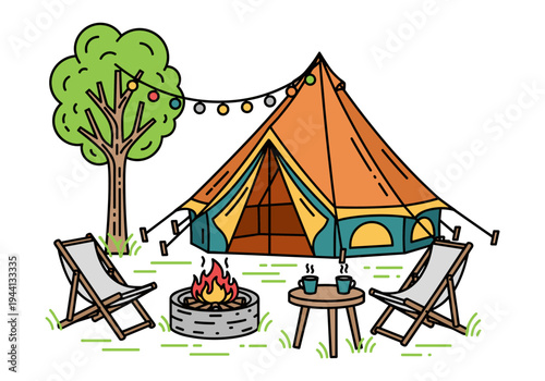 Cozy campsite scene with bell tent, campfire, chairs, and string lights