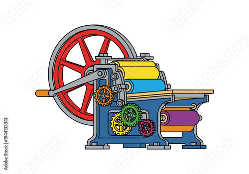 Vintage printing press with colorful rollers and intricate gears, isolated on white background