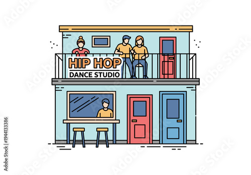 Modern hip hop dance studio building with people on balcony and window