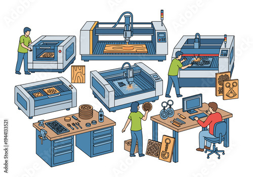 Diverse laser cutting machines and people working in a modern workshop setting