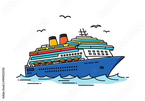 Colorful cruise ship sailing on the ocean with seagulls flying overhead