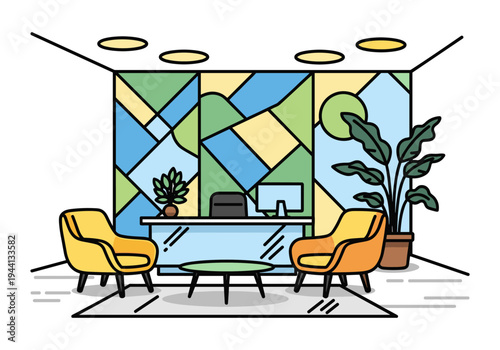 Modern reception area with colorful geometric wall art and comfortable seating