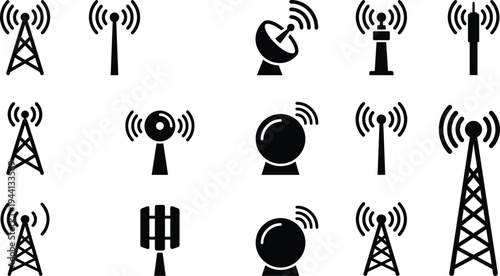 wireless signal tower icons set, communication antenna transmitters satellite dish network broadcast technology symbols collection for connectivity design, flat vector illustration