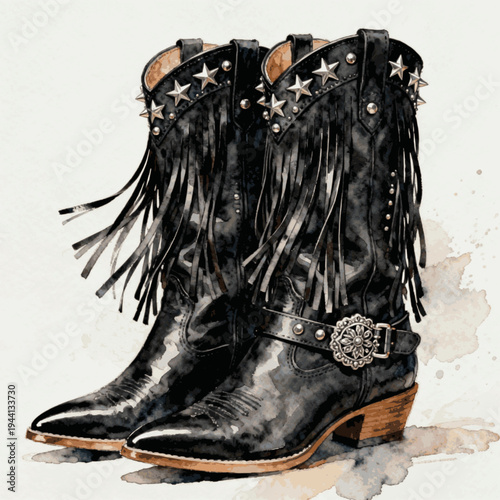Night Step Black Cowboy Boots isolated watercolor vector illustration svg