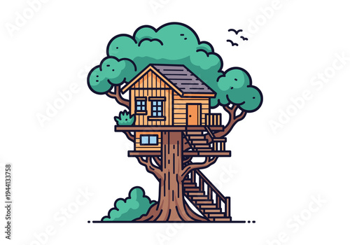 Charming wooden treehouse nestled in a lush green tree with birds flying above