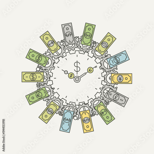 Clock made of money and gears symbolizing time is money concept.