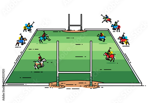 Stylized illustration of a polo match with players on horseback competing on a green field